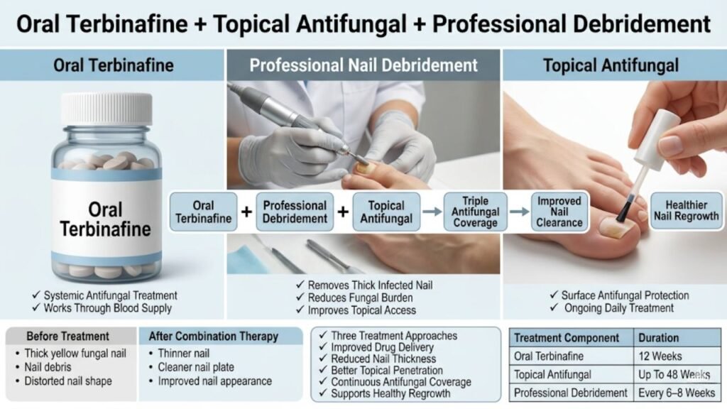 Combination Therapy for Severe Onychomycosis 4 Combination 3: Oral Terbinafine + Topical Antifungal + Professional Debridement