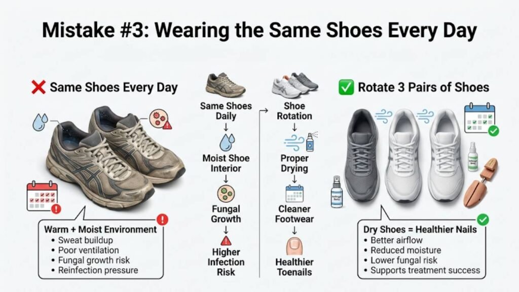 Toenail Care Mistakes That Lead to Infection 4 Mistake 3: Wearing the Same Shoes Every Day Without Rotation