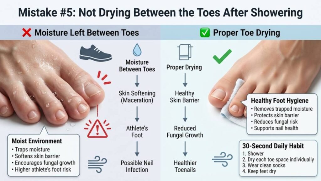 Toenail Care Mistakes That Lead to Infection 6 Mistake 5: Not Drying Between the Toes After Showering