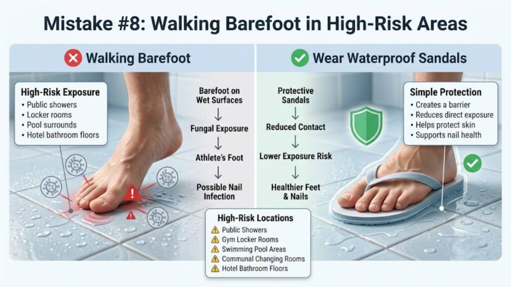 Toenail Care Mistakes That Lead to Infection 9 Mistake 8: Walking Barefoot in High-Risk Areas